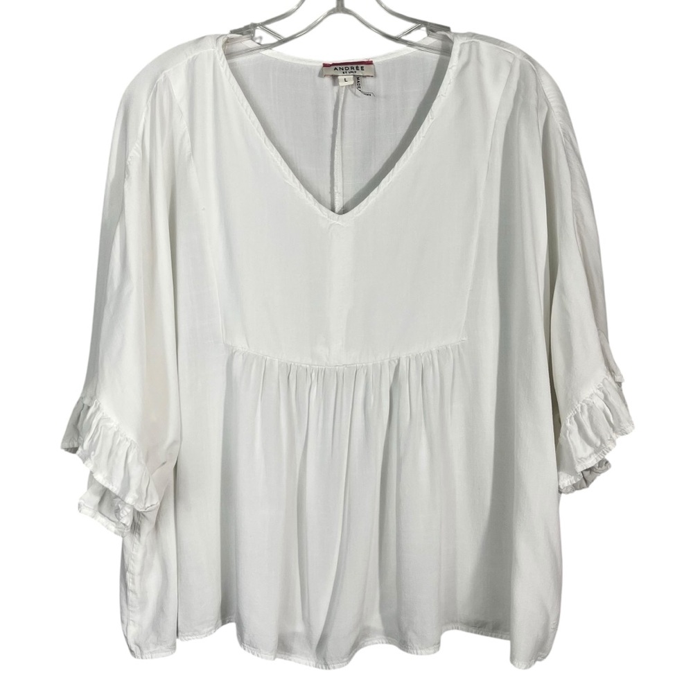 Andree by Unit White Dolman Sleeve Babydoll Hem Ruffle Sleeve Top Large L Rayon